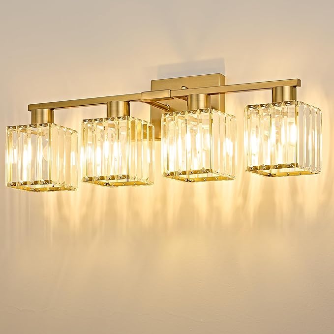 OKELI 4-Light Bathroom Light Fixtures, Modern Gold Crystal Wall Light for Bathroom,Lighting Fixtures Over Mirror