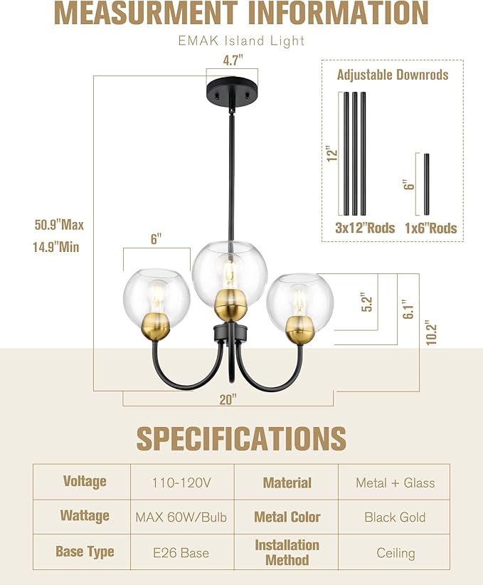 Emak 3-Light Black and Gold Dining Room Chandeliers, Modern Pendant Lights with Globe Glass Shade, Farmhouse 20 Inch Chandelier for Living Room, Entryway, Bathroom, Bedroom, Kitchen, CH114-BKBGD-CG-3
