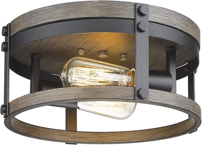 2-Light Farmhouse Flush Mount Ceiling Light, 12 inch Kitchen Ceiling Light, Round Rustic Light Fixtures with Black & Wood Grain Finish for Entryway Hallway, OS-3016BK
