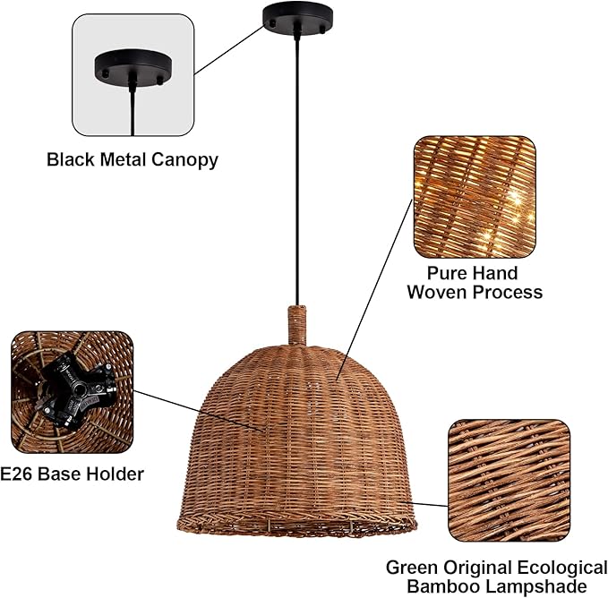 Farmhouse Rattan Pendant Light 3lights 13.8IN Hand Weaving Wicker Dining Room Light Boho Bracket Hanging Chandelier Fixture for Living Room Bedroom Kitchen Island Entry Hallway