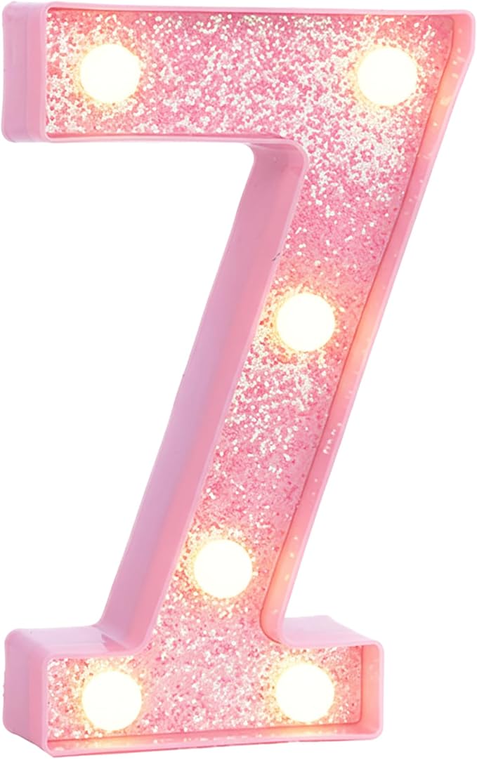 Pink Light Up Marquee Numbers, Glitter LED Number Lights Signs Battery Operated for Girls 7th 17th 27th Pink Birthday Party Table Decorations, 8 Inch Tall Number 7 with Warm White Lights