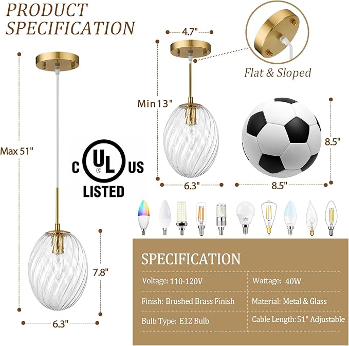 Glass Pendant Lights Kitchen Island Gold Pendant Light Fixtures with Hand-Blown Clear Glass Hanging Light Brass Gold Pendant Lighting for Kitchen Sink Bedroom Dining Room, E12