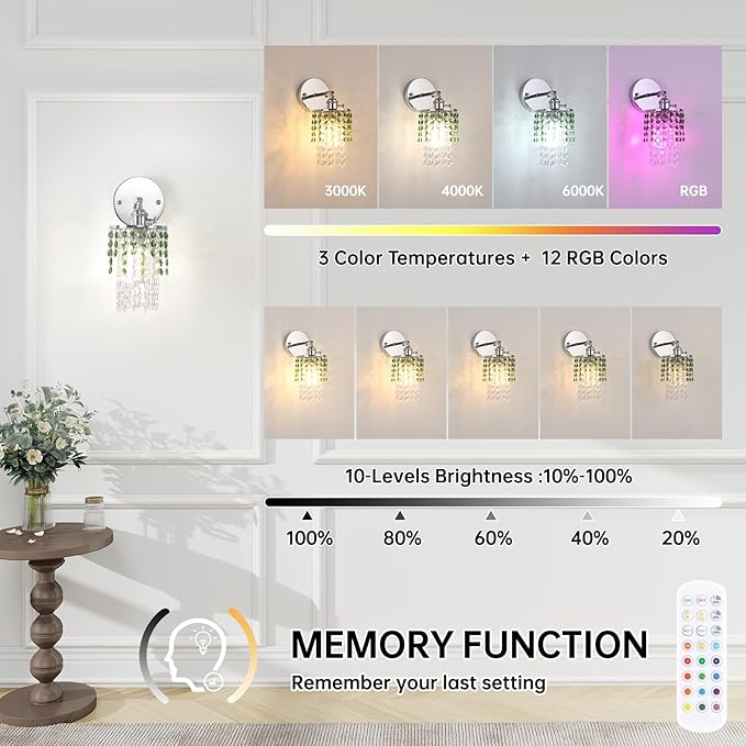 Shenmoyl Set of 2 Crystal Battery Operated Wall Sconce,Rechargeable Wall Lamp with 5400mAh Battery & Remote Control, Modern Dimmable Wireless Wall Lights for Bedroom Bathroom (Green, Silver Base)