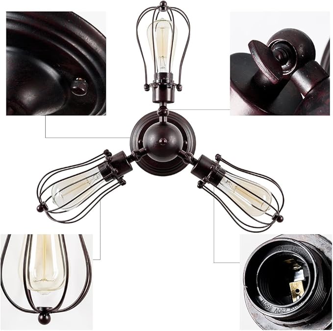 Luling Vintage Ceiling Light Industrial, Chandeliers Adjustable Socket Metal Wire Cage Lamp Semi-Flush Mount Rustic Ceiling Light Metal Lamp Fixtures (No Bulb) (with 3 Light) (Rust Color) (Rust)