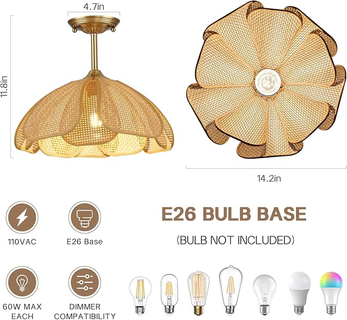 14" Boho Rattan Ceiling Light Fixture, Gold Semi Flush Mount Wicker Lamp with Hand-Woven Petal Shade, Modern Rustic Bohemian Lighting for Bedroom Living Room Kitchen Dining Room Hallway