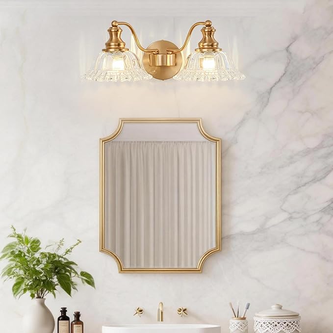 Gold Bathroom Light Fixtures Over Mirror, 2 Light Vintage Bathroom Vanity Light Fixture with Clear Flower Glass Shades, Retro Brass Vanity Lights for Bathroom, Bathroom Vanity Lights Over Mirror