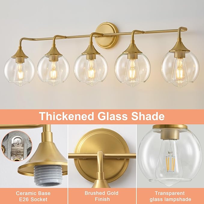 Bathroom Vanity Lights with Clear Glass Shade, E26 Base, Vanity Lighting Fixtures Over Mirror, 39 Inch Vanity Lights for Bathroom (Exclude E26 Bulb) (Gold, 5-Lights)