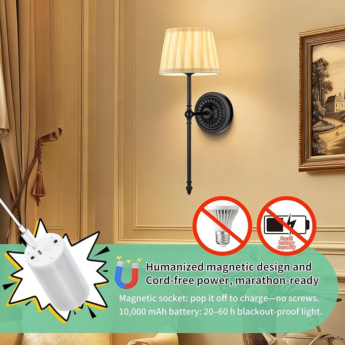 Cordless Wall Sconces Set of 2,10000mAh Small Wireless Battery Operated Wall Sconces Set of Two with RGB LED, Remote, Timer & Dimmable Fabric Gold Wall Lamps for Bedroom, Living Room, Hallway (Black)