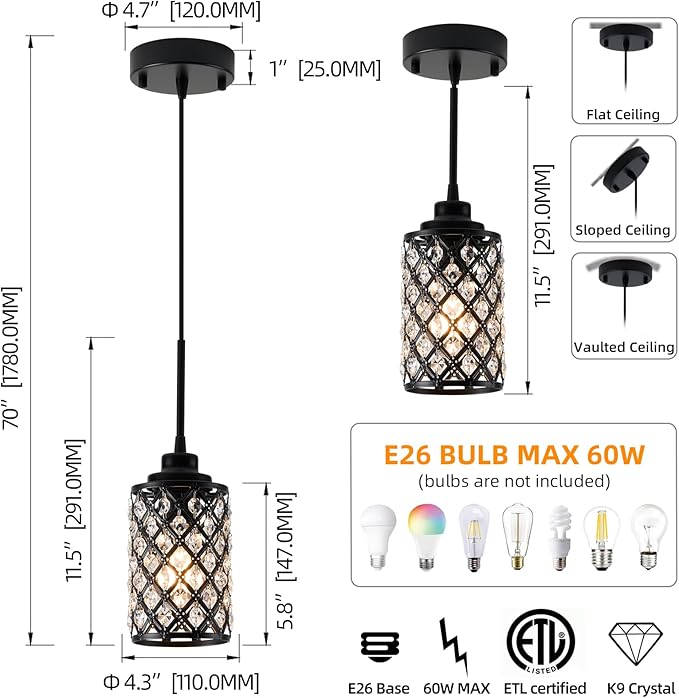 Small Pendant Light Fixtures,3-Pack Modern Pendant Lights Kitchen Island,Black Matte Finish Hanging Lighting K9 Crystal Mini Chandelier for Dining Room,Hallway,Bedroom,Foyer（3 Pack