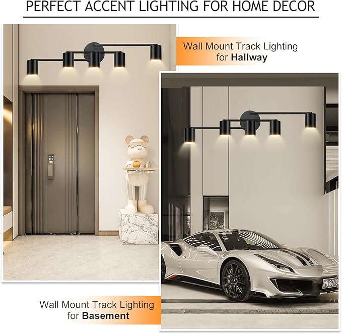 BoostArea 5 Light Track Lighting Kit, Black 5 Way Ceiling Spot Lighting, Center Swivel Track Light Heads, Flexibly Rotatable Light Head for Kitchen, Living Room, Bedroom, GU10 Bulb Not Included