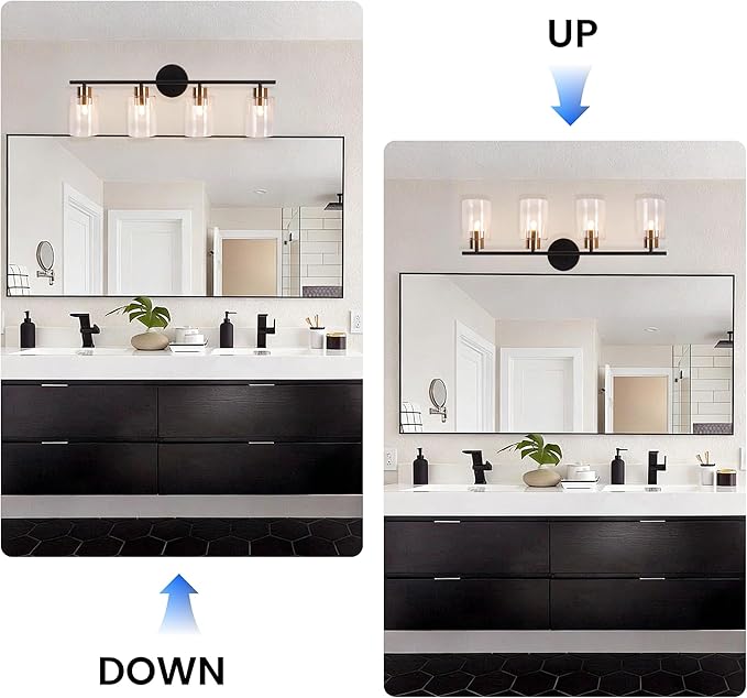 Bathroom Vanity Light, 4-Light Modern Black and Gold Wall Sconce Lighting with Clear Glass Shade, Wall Lights Fixtures Over Mirror, Bath Vintage Wall Mounted Lamps for Bedroom,Living Room