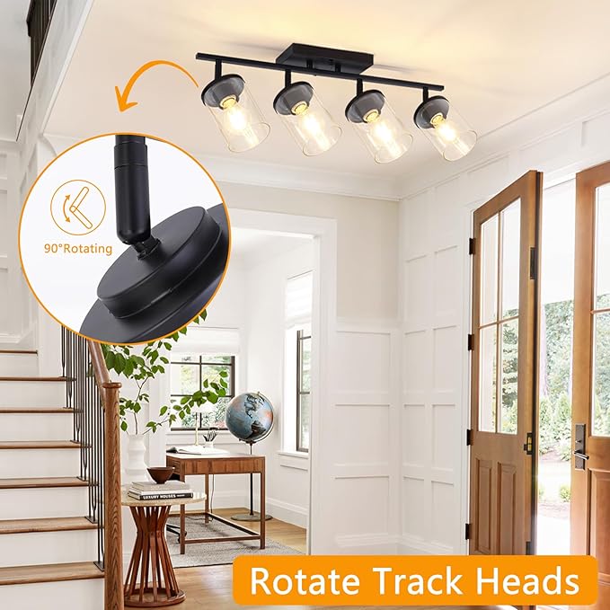 FadimiKoo 4-Lights Track Lighting Fixtures Ceiling with Clear Glass Shades, Modern Black Semi Flush Mount Ceiling Light, Rotatable Wall Mount Ceiling Lamp for Kitchen Hallway Bedroom