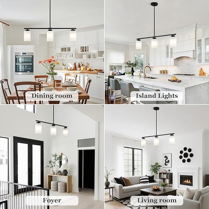 31" Kitchen Island Lighting 3 Light Black Pendant Light for Kitchen Island with Milk Glass Shade Modern Linear Chandelier Adjustable Hanging Farmhouse Light Fixtures Over Dining Table Living Room，E26
