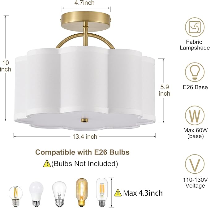 13.5" Gold Semi Flush Mount Ceiling Light Fixture for Bedroom,3-Light Modern Flower-Shape Close to Ceiling Light with Fabric Shade for Bedroom Hallway Nursery Living Room (White)