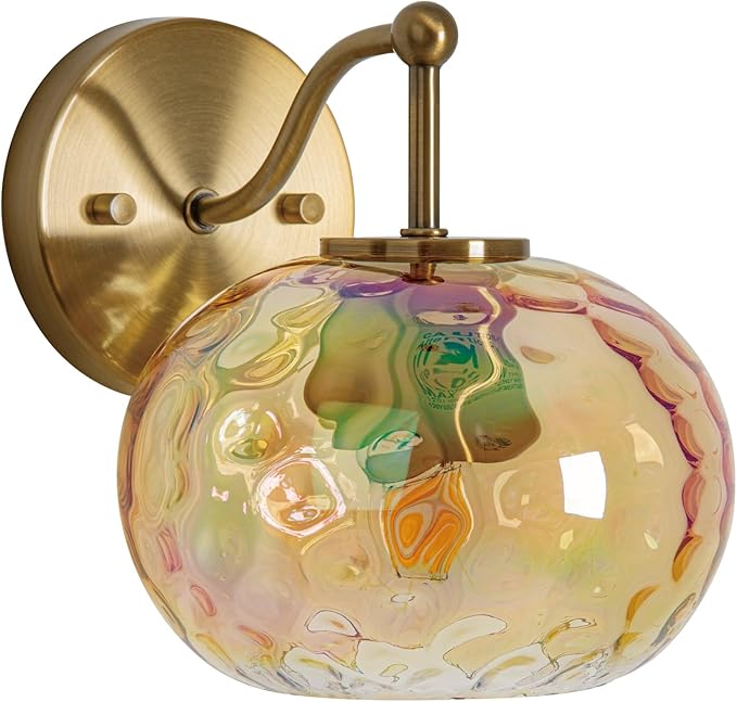 Gold Wall Sconce Light Amber Hammered Glass Vanity Lighting Brushed Brass Champagne Wall Lamp for Bathroom Over Mirror