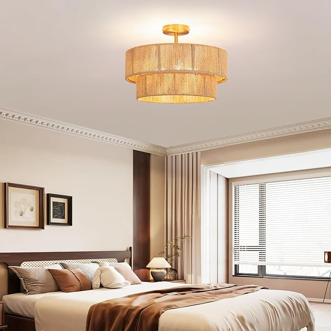 18" Boho Semi Flush Mount Ceiling Light Gold Rattan Ceiling Light Farmhouse Ceiling Lamp with Natural Hemp Rope Lampshade for Dining Room Living Room Bedroom Kitchen