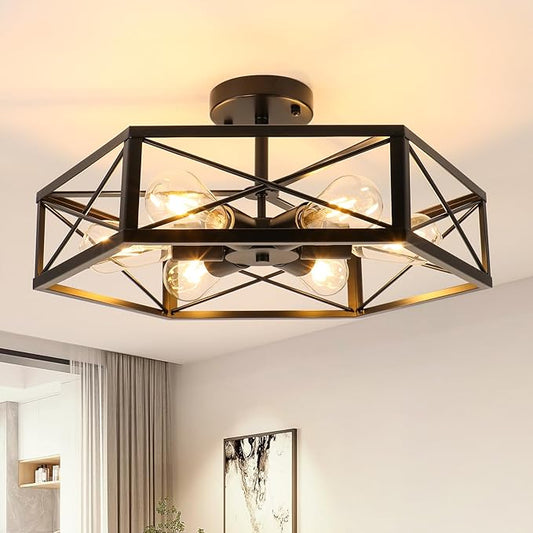 WILON Semi Flush Mount Ceiling Light, Industrial 6 Light Close to Ceiling Light Fixture, Black Dining Room Light Fixture Farmhouse Chandelier for Kitchen Hallway Bedroom Living Room(E26 Socket)