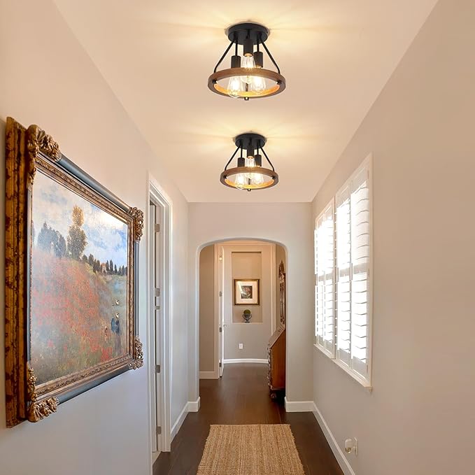 Modern Farmhouse Wood Semi Flush Mount Ceiling Light, Hallway Light Fixtures, Entryway Light Fixture, 3-Light Rustic Industrial Ceiling Lamp for Kitchen Bedroom Laundry Dining Room Lighting Fixtures
