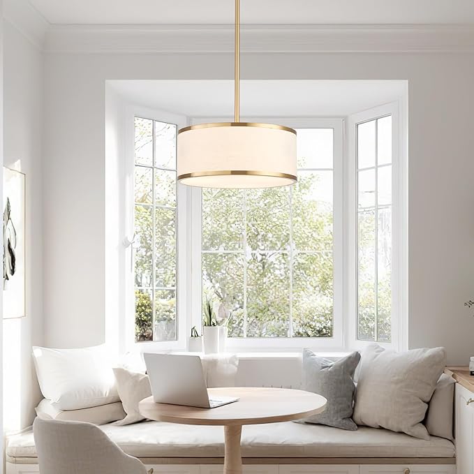 12.6" Drum Pendant Light Fixture 3-Light Gold Chandelier with Fabric Shade for Kitchen Dining Room Island Bedroom