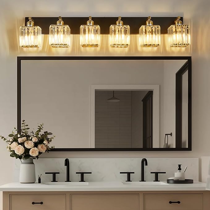 Modern Crystal Bathroom Vanity Light 6-Lights Modern Black Gold Crystal Bathroom Wall Light Over Mirror Vanity Light Fixtures