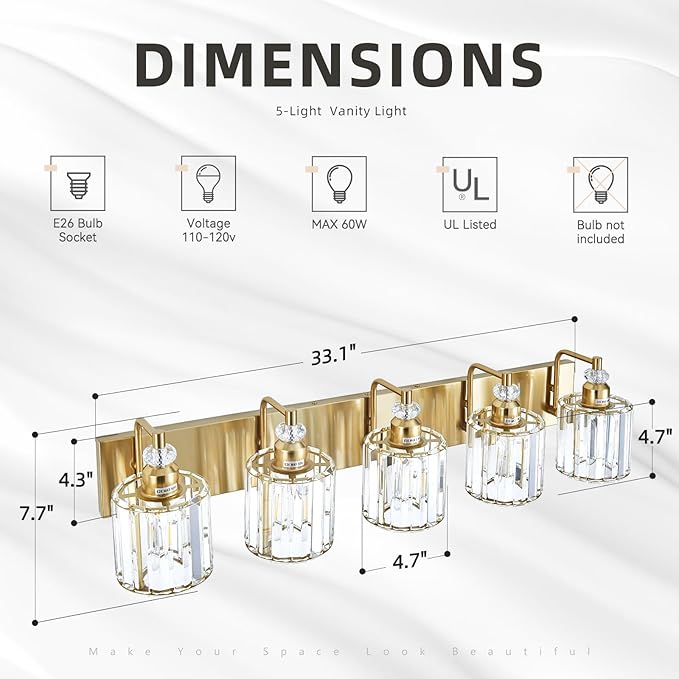5-Light Modern Vanity Lights Brushed Brass Bathroom Light Fixtures Over Mirror Gold Bathroom Vanity Lighting with Crystal Shade E26 Base Wall Sconce for Bedroom Living Room Restroom Wall Lamp