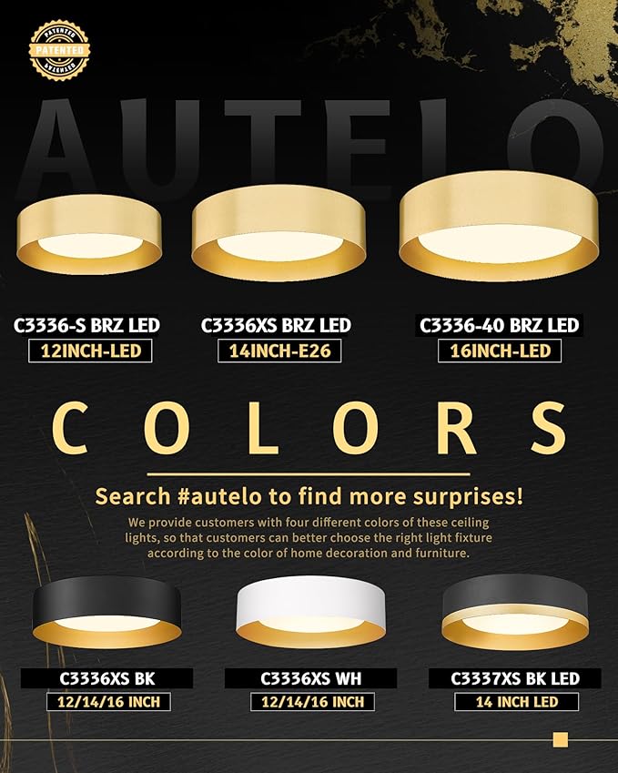 AUTELO Gold Flush Mount Ceiling Light, 16" 5CCT Ceiling Light with Frosted Glass in Gold Finish for Bedroom, C3336-40 BRZ LED