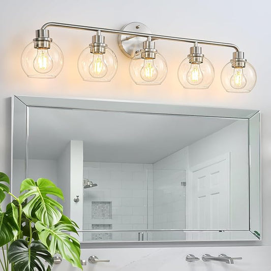 Bathroom Light Fixtures 5 Light Brushed Nickel Vanity Light Silver Modern Wall Sconces Lighting Bathroom Lights with Globe Glass Shade Bath Wall Lights for Mirror Kitchen Living Room Hallway 34.5"