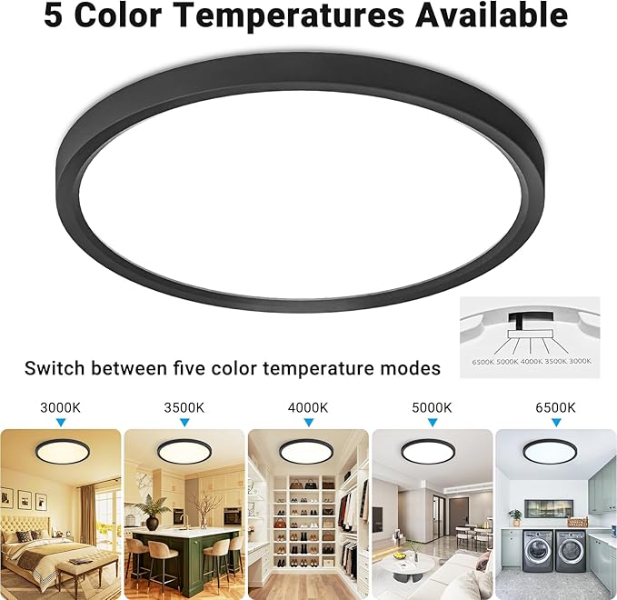 4 Pack LED Flush Mount Ceiling Light,12Inch 24W,3000K/3500K/4000K/5000K/6500K 5 Color Temperatures Ceiling Light Fixture for Kitchen Porch Hallway Bedroom Bathroom and Closet,Black