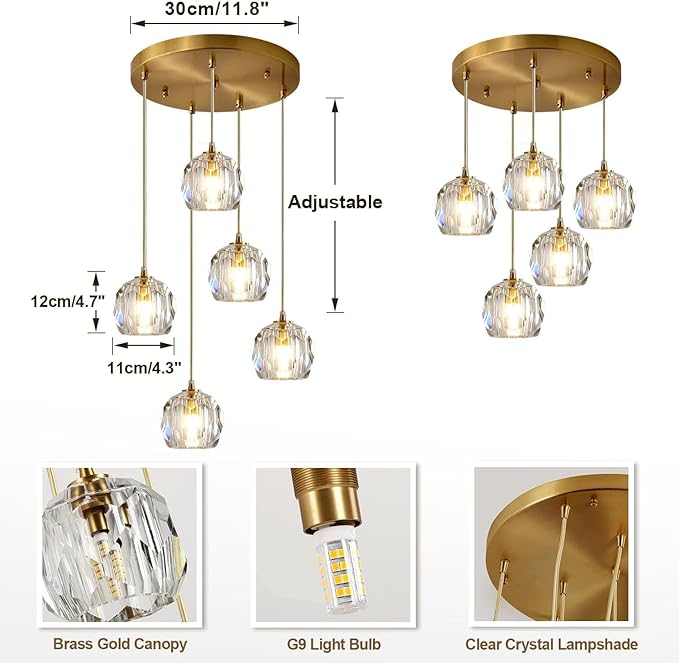 Mid Century 5-Lights Cluster Pendant Lighting Modern Gold Crystal Kitchen Island Pendant Light Multi Light Brass LED Pendant Light Fixture Clear Bubble Round Dining Chandelier