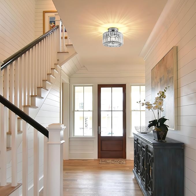 FRIDEKO HOME Crystal Ceiling Light - Small Crystal Chandelier Semi Flush Mount Ceiling Light Fixture Modern Lights for Hallway Bathroom Kitchen Entryway (9.05 Inch, Bulb not Included)