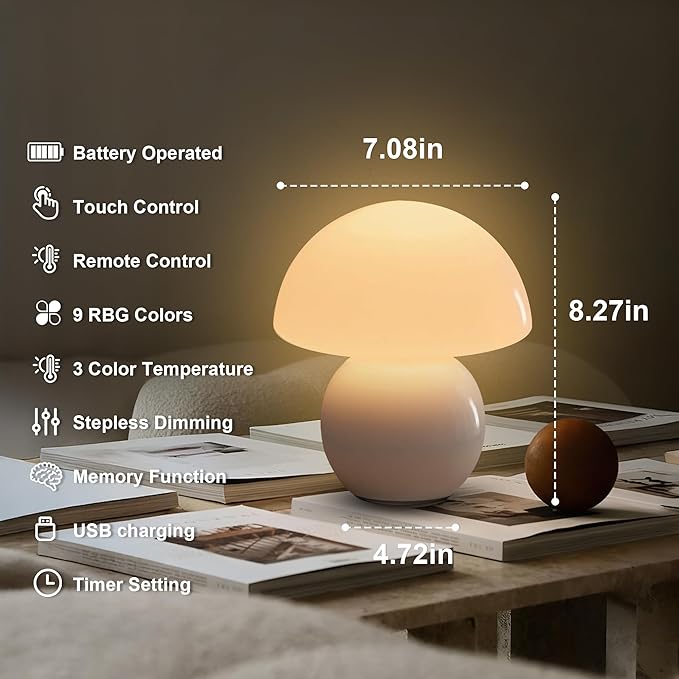 KARTOOSH Cordless Cute Mushroom Lamp with Remote Control, 9 RGB, Cordless Lamps for Tables, 3 Color Temperature, Stepless Dimmable, Timer, Memory, Unique Aesthetic Home Decor for Living Room (White)