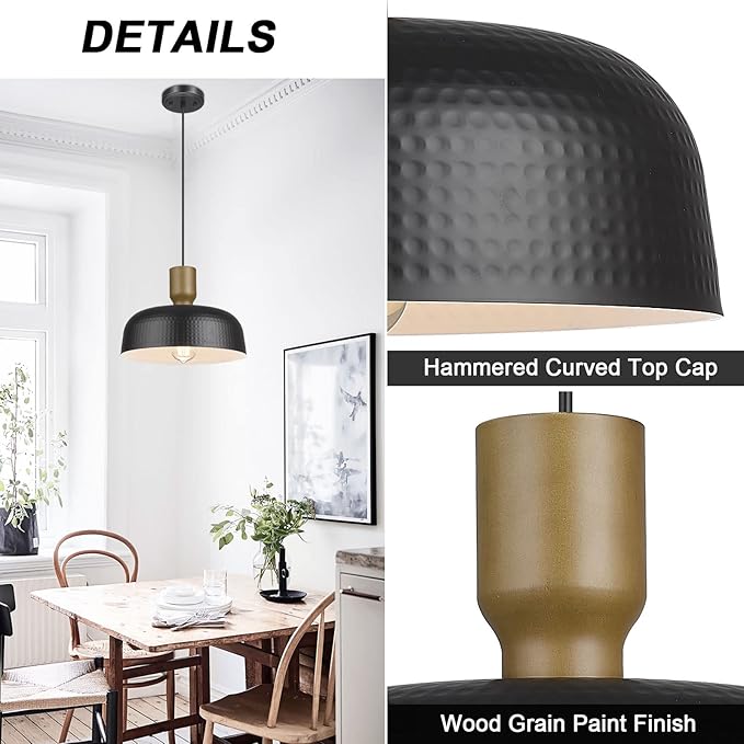 Farmhouse Pendant Lights, Adjustable Hanging Light Fixtures with Hammered Metal Shade, 18.1 Inch Pendant Lighting for Kitchen Island, Black