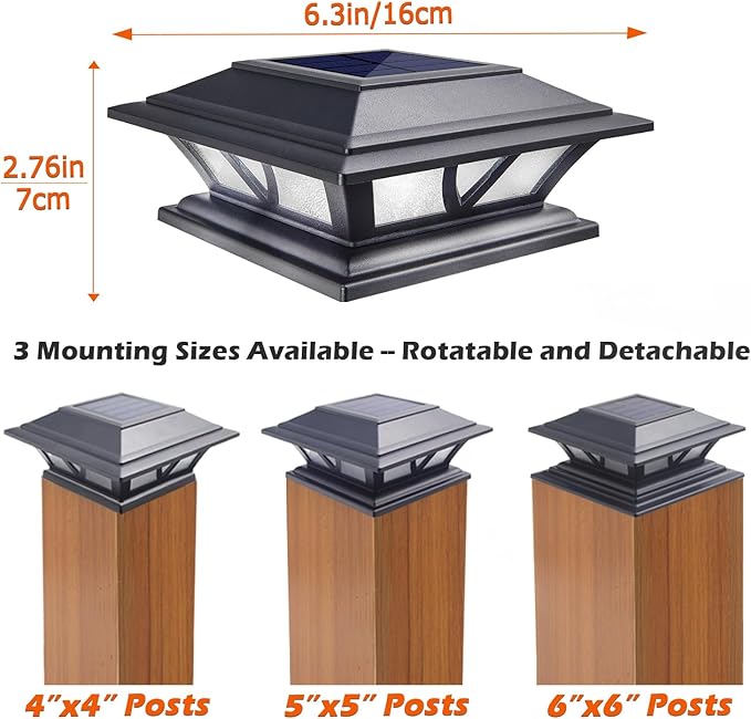 SIEDiNLAR Solar Post Lights Outdoor 2 Modes LED Deck Fence Cap Light for 4x4 5x5 6x6 Posts Patio Garden Decoration Warm White/Cool White Lighting Black (2 Pack)