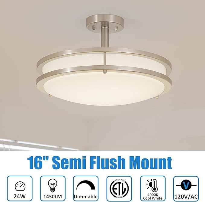 16 Inch LED Semi Flush Mount Ceiling Light, 24W Dimmable LED Ceiling Light, 1450LM Brightness, 4000K Neutral White, Brushed Nickel Lighting Fixture for Bedroom, Hallway, Kitchen, cETL Listed
