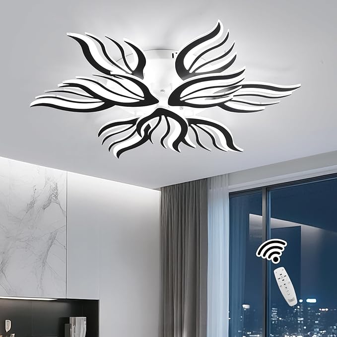 Becailyer 9-Petals Modren LED Ceiling Lights, 75W Dimmable Flower Shape Ceiling Lamp with Remote Control, 33.4" Flush Mount Ceiling Lighting Fixtures for Living Room Dining Room Bedroom Office, Black