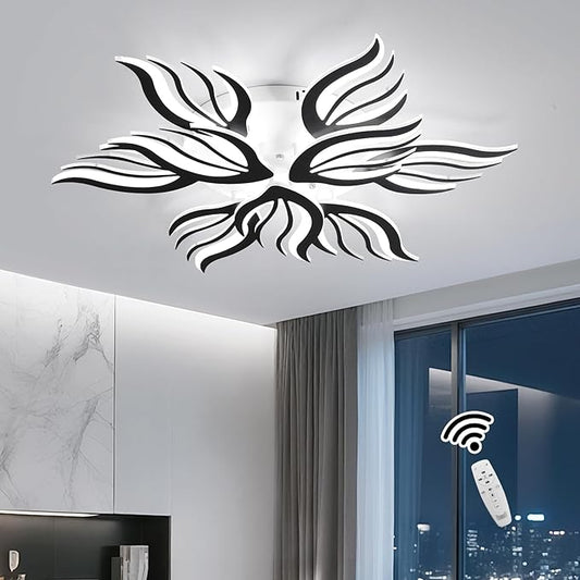 Becailyer 9-Petals Modren LED Ceiling Lights, 75W Dimmable Flower Shape Ceiling Lamp with Remote Control, 33.4" Flush Mount Ceiling Lighting Fixtures for Living Room Dining Room Bedroom Office, Black