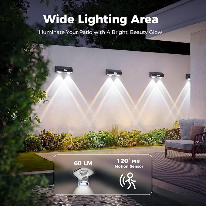 kolpop Solar Fence Lights Outdoor with Motion Sensor,Fence Lights Solar Powered,IP65 Waterproof,3 Modes LED Solar Lights for Patio,Backyard,Railing,Wall,Nighttime,Party,Pool,2 Pack,Cool White