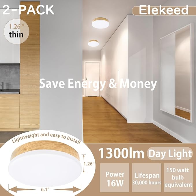 2-Pack Dimmable LED Flush Mount Ceiling Light Fixture 16W, Modern Round Small Ceiling Light Wood Pattern, 6.1” Minimalist Ceiling Lamp for Stair Hallway 5000K 30000h Lifespan