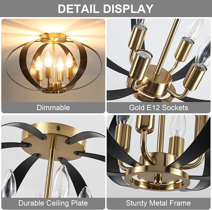 Black and Gold Semi Flush Mount Ceiling Light, 4-Light Farmhouse Modern Light Fixtures Ceiling Mount, Metal Cage Chandelier Lamp for Kitchen, Hallway, Entryway, Living Room, Bedroom