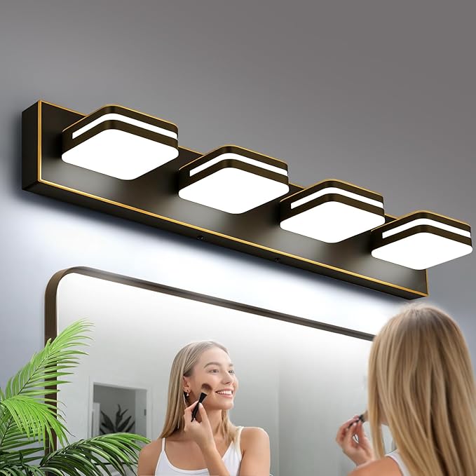 360° Rotate LED Bathroom Vanity Light Fixtures, 1600LM Acrylic Brown and Gold Vanity Lights for Bathroom, Modern Wall Lighting Fixtures Over Mirror Kitchen Living Room (Natural White Light 5000K)