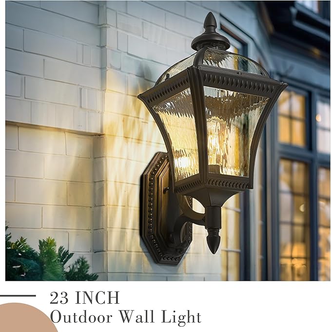 Emliviar 23 Inch Outdoor Light Fixture Wall Mount, Modern Black Outdoor Wall Sconce with Water Ripple Glass, Weatherproof Exterior Wall Light, XE266B-SW BK
