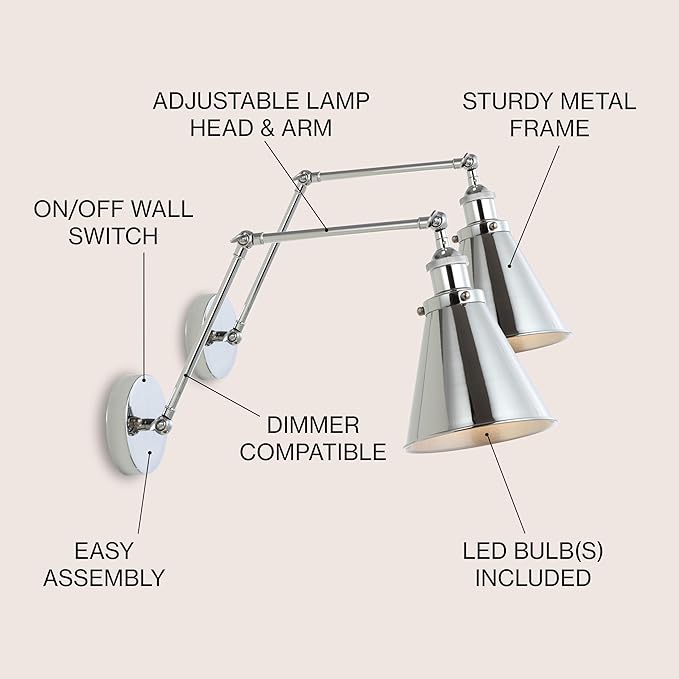 JONATHAN Y 7" Chrome Classic Industrial Metal Adjustable Arm LED Wall Sconce for Bedside Reading, Farmhouse Swing Arm Wall Lamp with Metal Shade, Hardwired (JYL7460A-SET2)