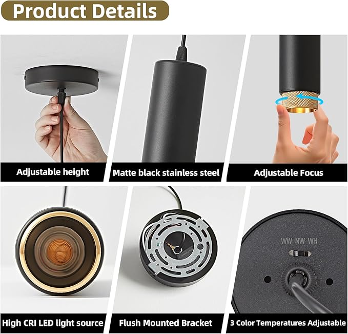 OKELI Modern Black LED Pendant Light for Kitchen Island, 3 Pack – Dimmable Zoomable Pendant, Adjustable Beam Angle, 3 Color Temps 2700K/4000K/6000K, Mini Hanging Light for Bar or Bedroom, 12W 11.8"