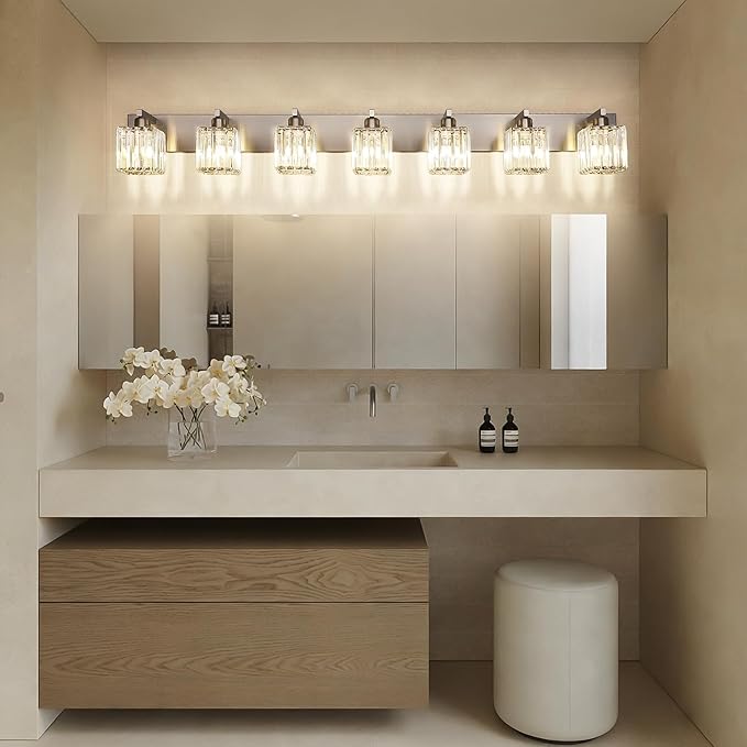 Aipsun Brushed Nickel Bathroom Light Fixtures Crystal Vanity Lighting Fixture Modern Bathroom Vanity Light 7 Light (Exclude Bulb)