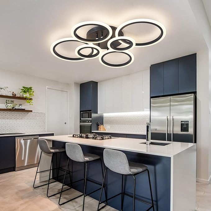 Shine LUEST 6 Rings Black Modern LED Ceiling Light Fixture, Flush Mount Ceiling Light with Remote Dimmable Brightness, Adjustable 3000-6000K Color Temperature, Timer for Living Room, Bedroom