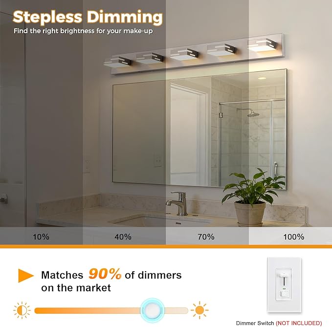 5-Light 5CCT Modern Bathroom Vanity Light Fixtures, 40-Inch 350° Rotatable LED Vanity Lights Over Mirror, Dimmable Brushed Nickel Wall Sconce with Frosted Acrylic Shade