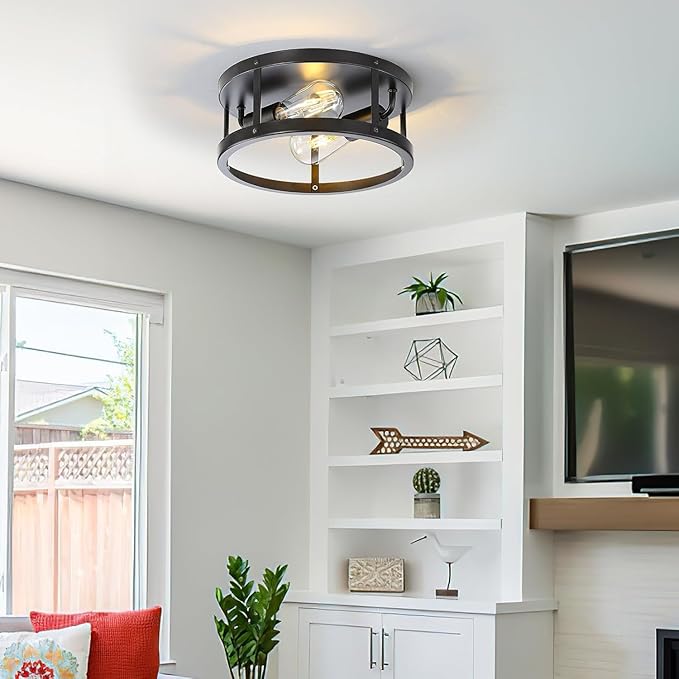 2 Pack Flush Mount Ceiling Lights, Black Metal Close to Ceiling Light Fixtures, Farmhouse 11 Inch Industrial Indoor Ceiling Lamp for House Kitchen Bedroom Hallway