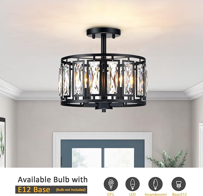 Modern Crystal Semi Flush Mount Ceiling Light Black Close to Ceiling Light Fixtures,3-Light Ceiling Light for Dining Room Bedroom Kitchen Island Hallway Entryway