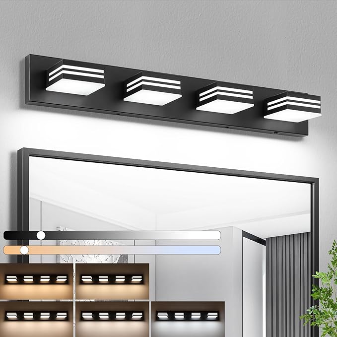 LED Modern Bathroom Vanity Light Fixtures (4-Light, 30-Inch)(5CCT, Dimmable), Matte Black Modern Bathroom Wall Lighting Fixtures Over Mirror (3000K/3500K/4000K/5000K/6000K)