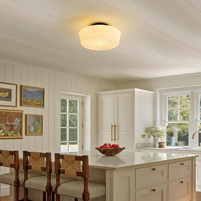 Milk Glass Schoolhouse Ceiling Light - 14 Inch Vintage Mid Century Modern Flush Mount Lighting Fixtures - Antique Art Deco Lamp for Hallway Bedroom Kitchen Entryway Laundry Foyer Bathroom Dining Room